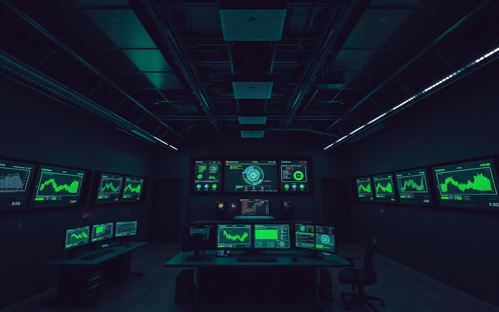 Facilities operations control room with compliance dashboards